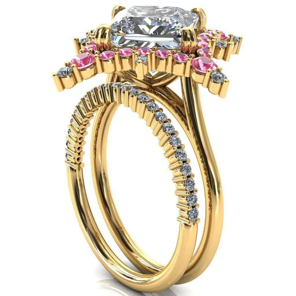 Thalim Princess/Square Moissanite 4-Point Star Pink Sapphire and Diamond Halo Ring ver. 2