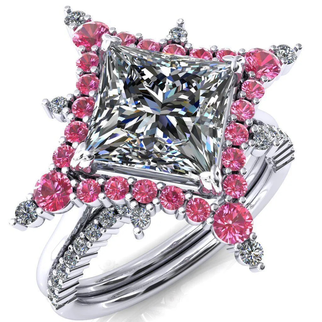 Thalim Princess/Square Moissanite 4-Point Star Pink Sapphire and Diamond Halo Ring ver. 2
