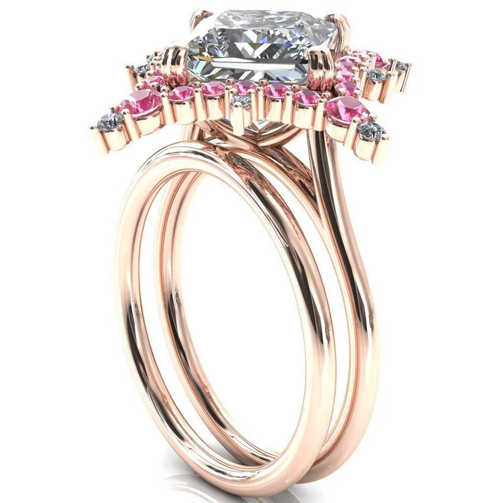 Thalim Princess/Square Moissanite 4-Point Star Pink Sapphire and Diamond Halo Ring ver. 2