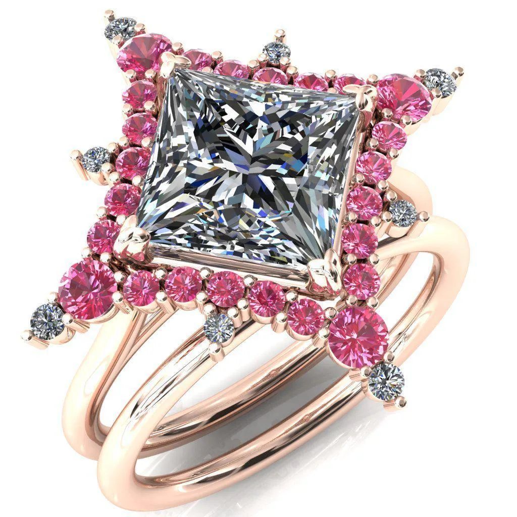 Thalim Princess/Square Moissanite 4-Point Star Pink Sapphire and Diamond Halo Ring ver. 2