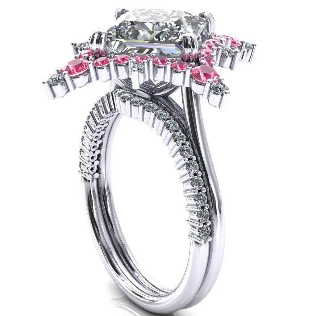 Thalim Princess/Square Moissanite 4-Point Star Pink Sapphire and Diamond Halo Ring ver. 2