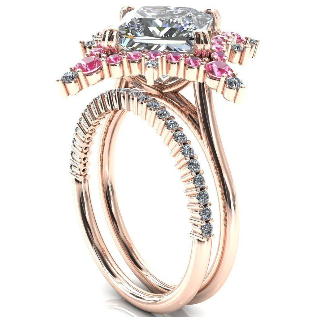 Thalim Princess/Square Moissanite 4-Point Star Pink Sapphire and Diamond Halo Ring ver. 2