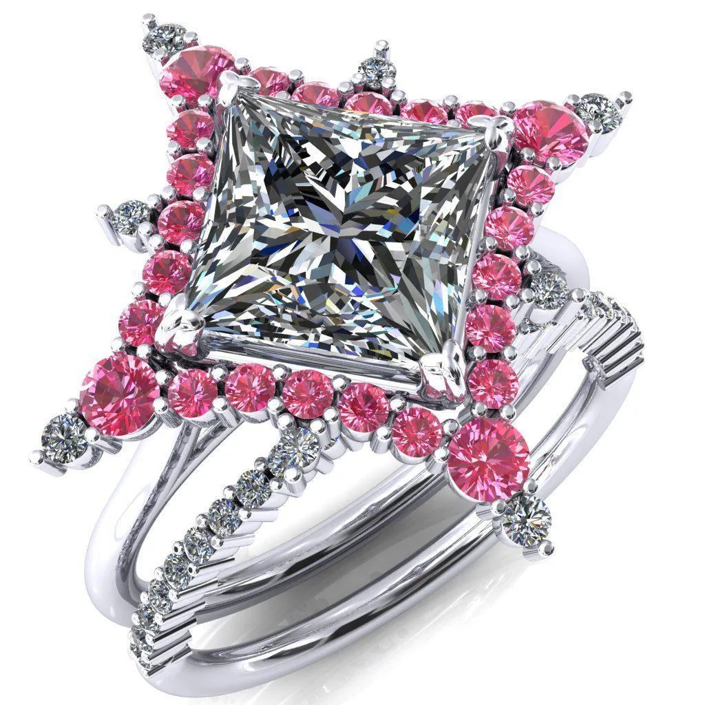 Thalim Princess/Square Moissanite 4-Point Star Pink Sapphire and Diamond Halo Ring ver. 2