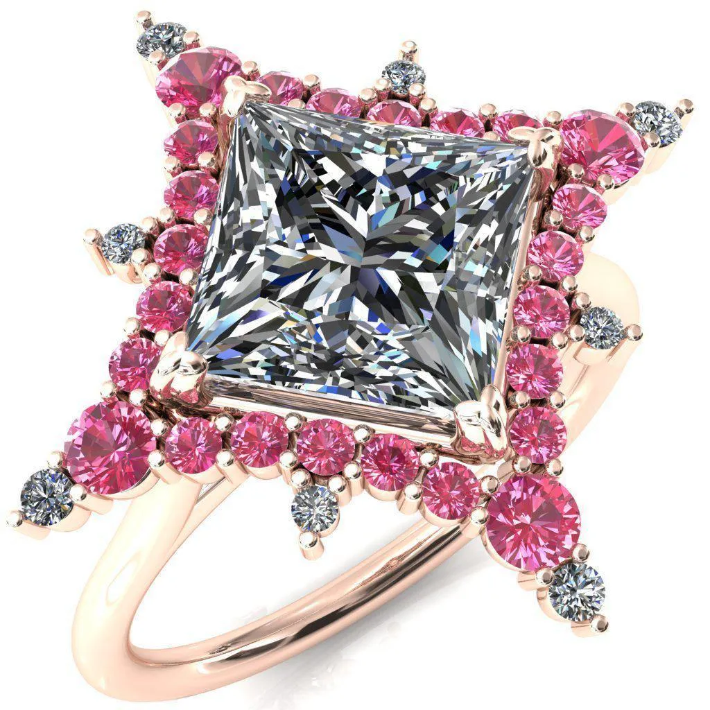 Thalim Princess/Square Moissanite 4-Point Star Pink Sapphire and Diamond Halo Ring ver. 2