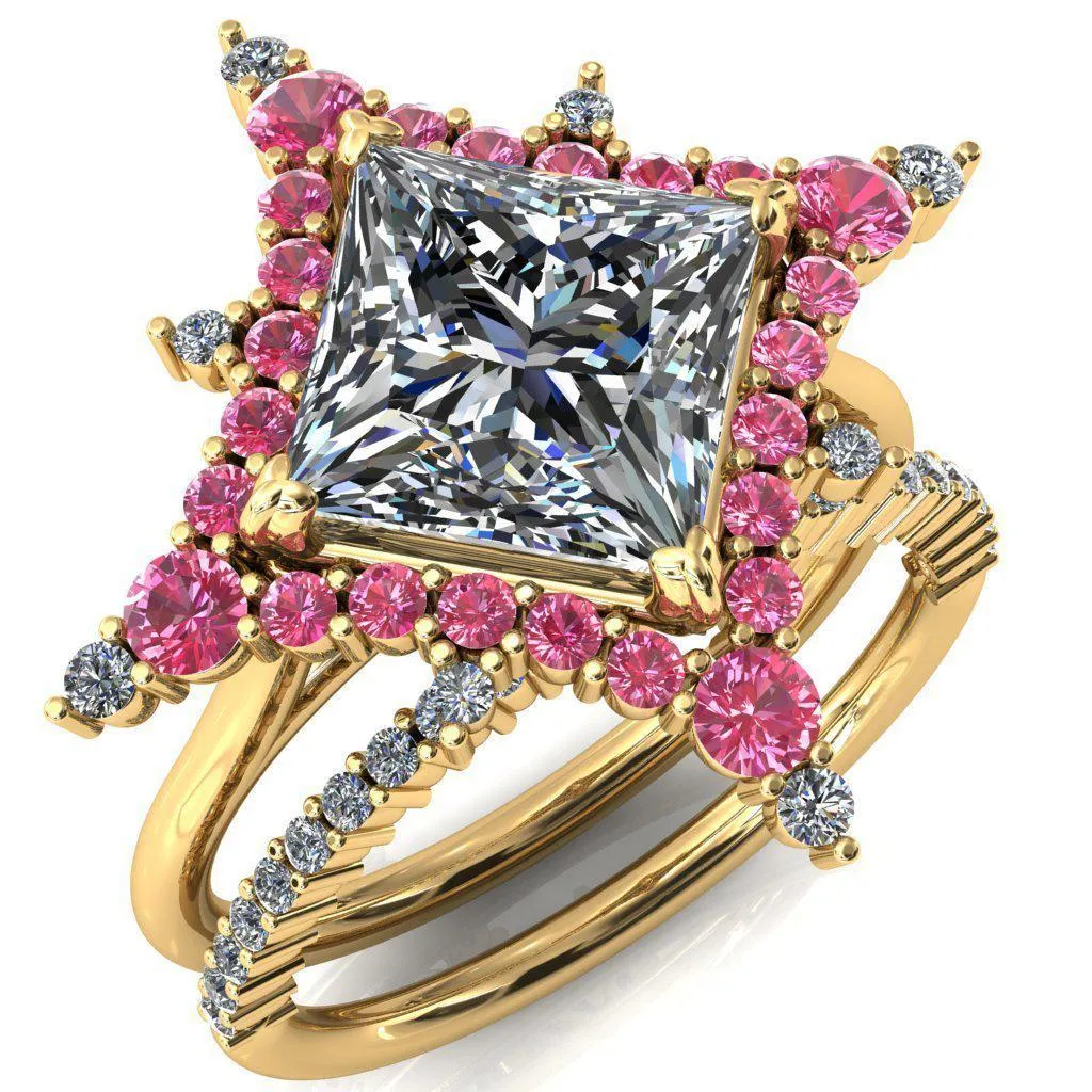 Thalim Princess/Square Moissanite 4-Point Star Pink Sapphire and Diamond Halo Ring ver. 2