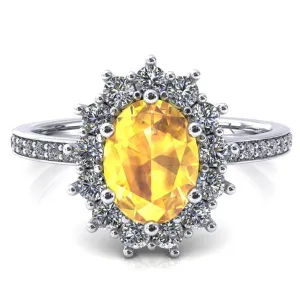 The Duchess Oval Yellow Sapphire 6 Prong Diamond Cluster Halo Ring