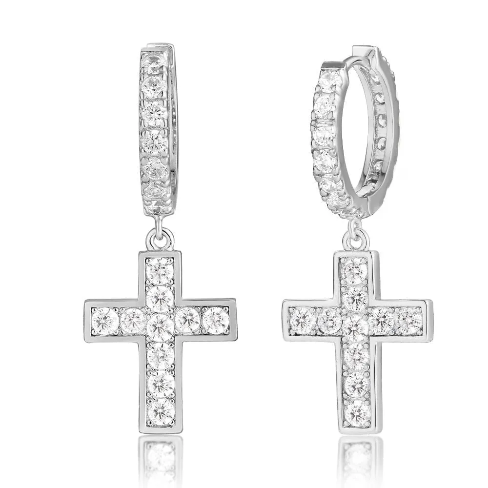 The Valor® - 925 Sterling Silver Diamond Hoop Earrings with Diamond Hanging Cross