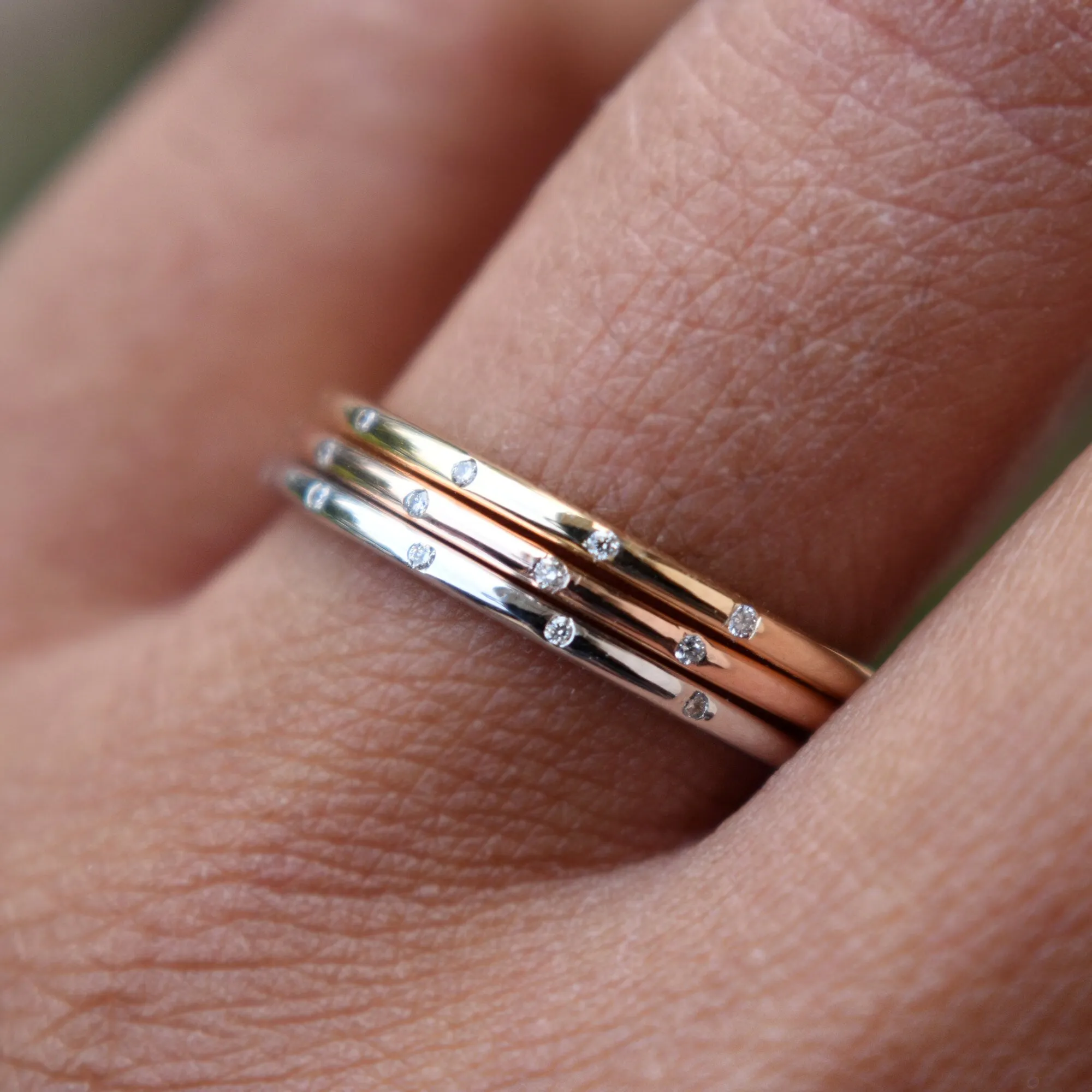 Three Tone 3 piece 1mm Flush Set 5 Diamond Ring Stack