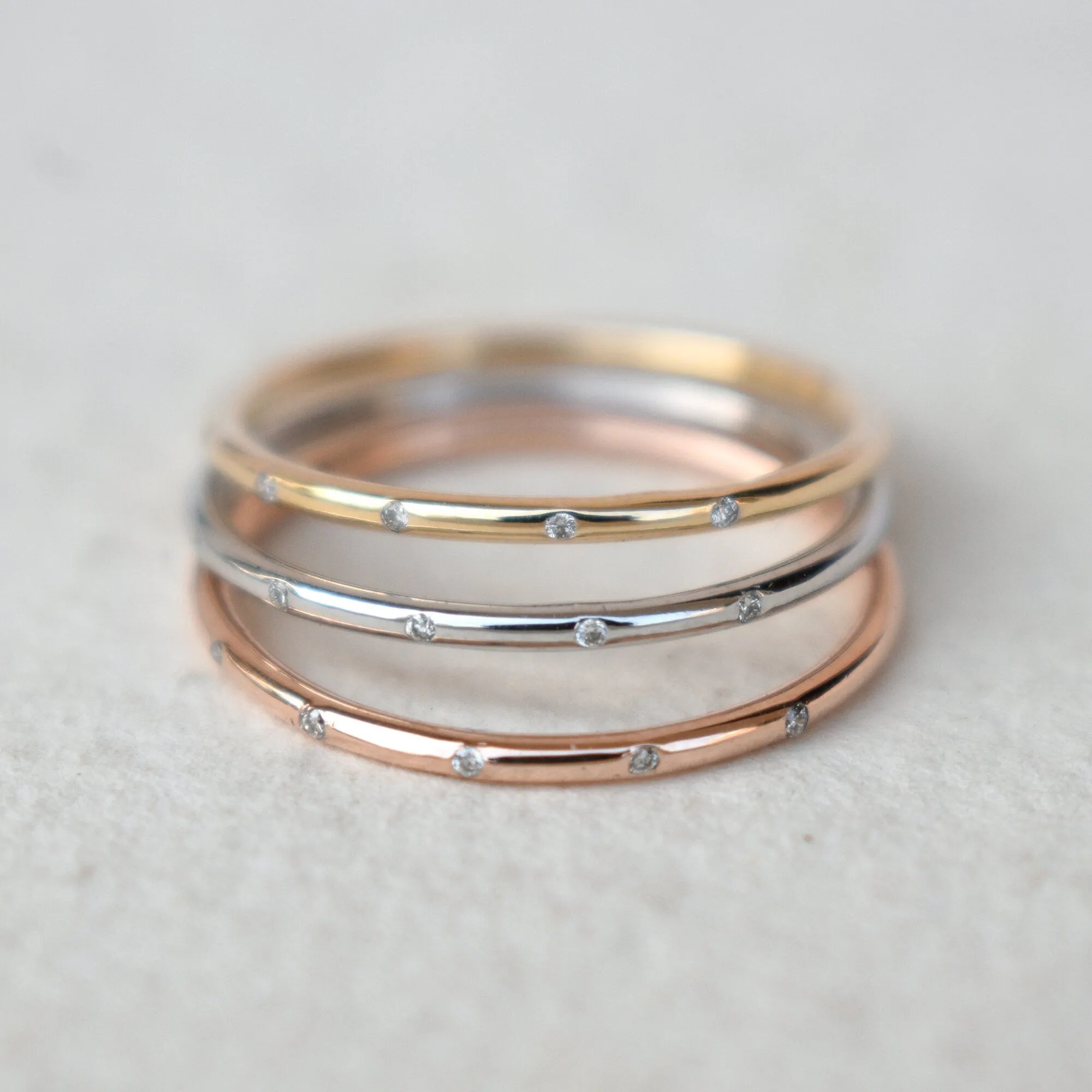 Three Tone 3 piece 1mm Flush Set 5 Diamond Ring Stack