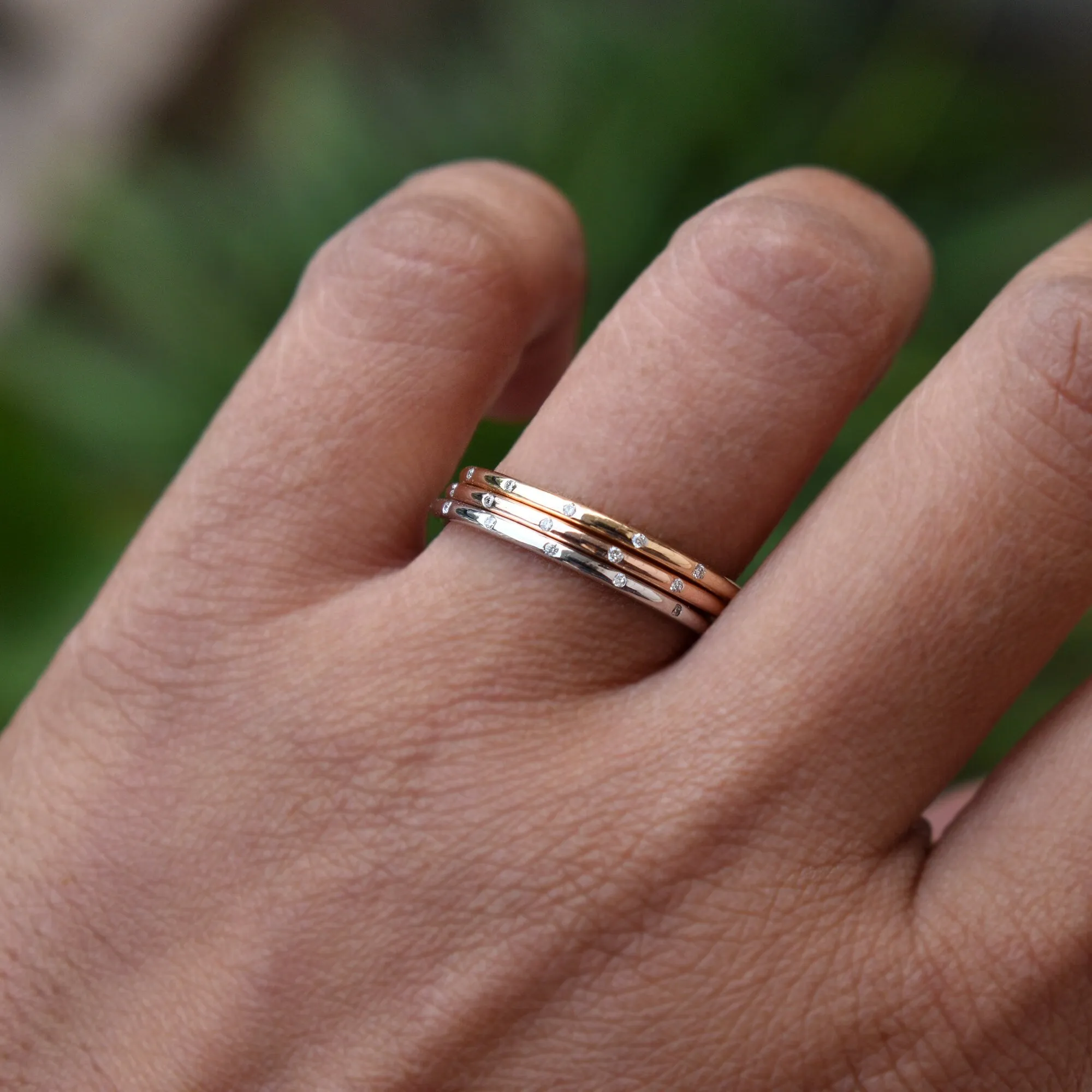 Three Tone 3 piece 1mm Flush Set 5 Diamond Ring Stack