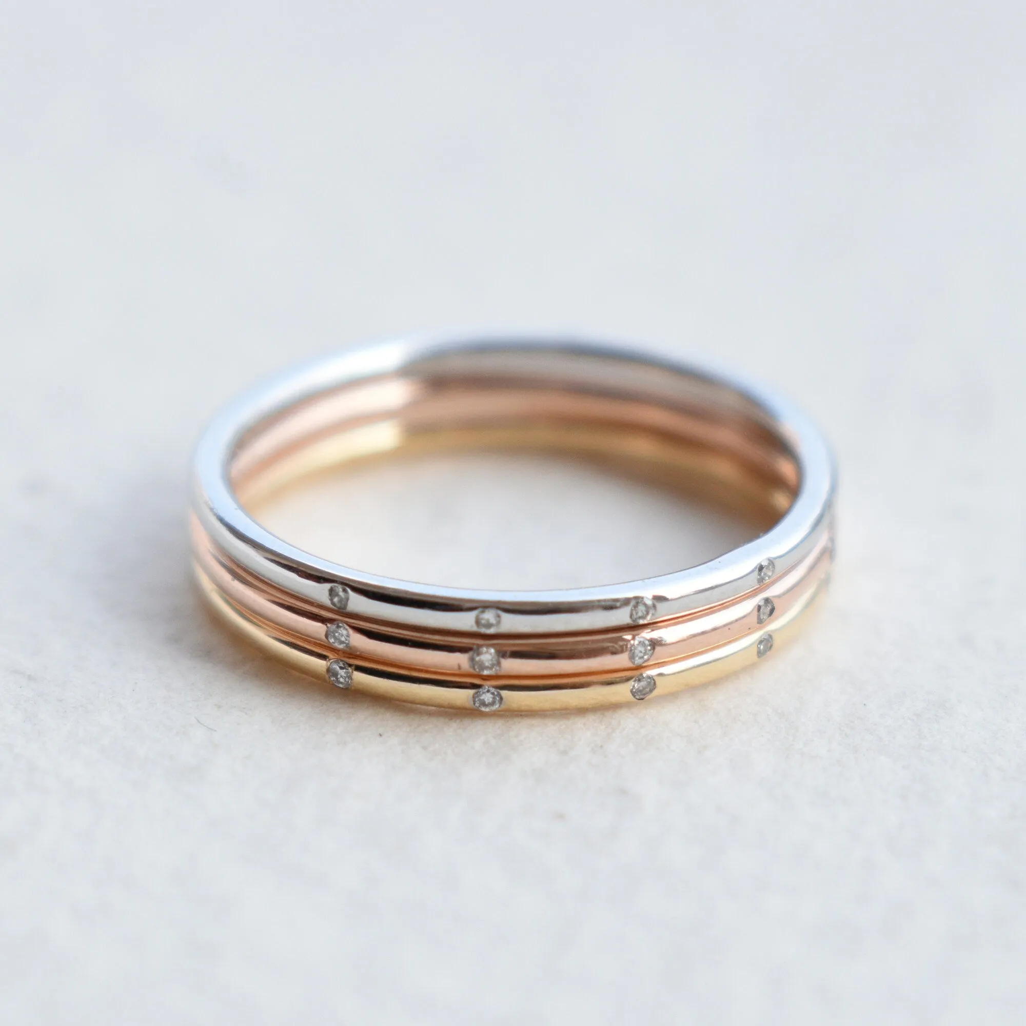 Three Tone 3 piece 1mm Flush Set 5 Diamond Ring Stack