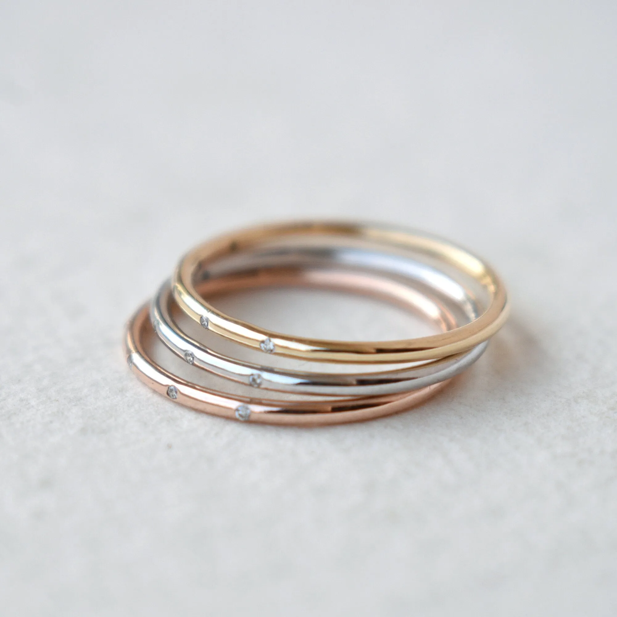 Three Tone 3 piece 1mm Flush Set 5 Diamond Ring Stack