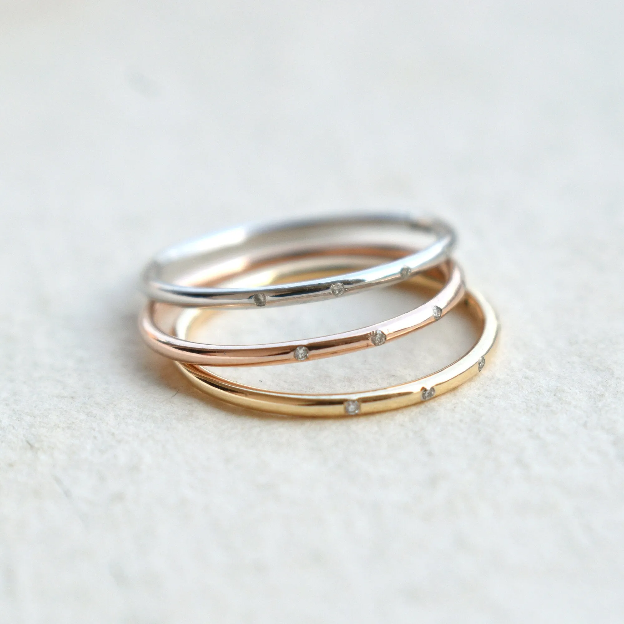 Three Tone 3 piece 1mm Flush Set 5 Diamond Ring Stack