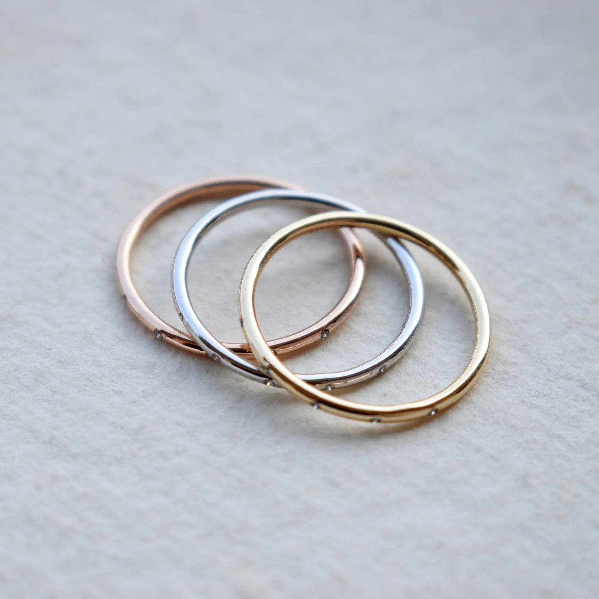 Three Tone 3 piece 1mm Flush Set 5 Diamond Ring Stack