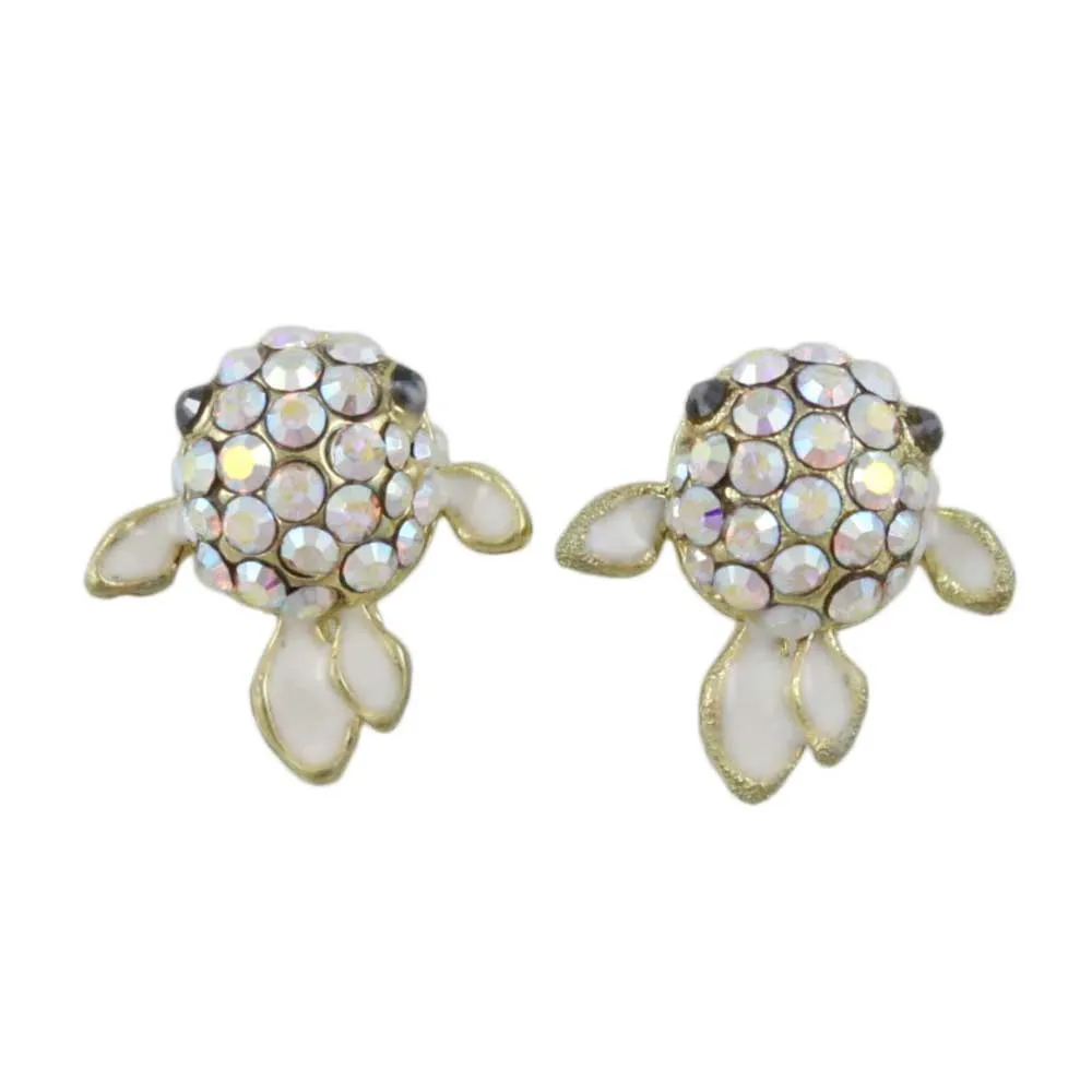 Tiny Cream Enamel  and Crystal Fish Pierced Earring - REE506