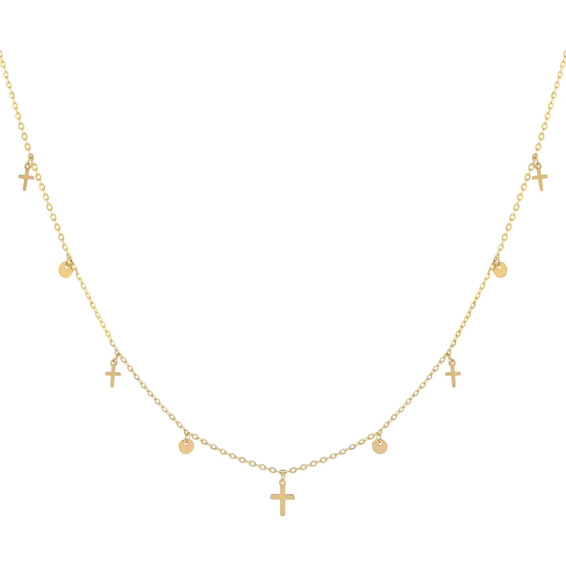 Tiny Cross X Disc Necklace 14K