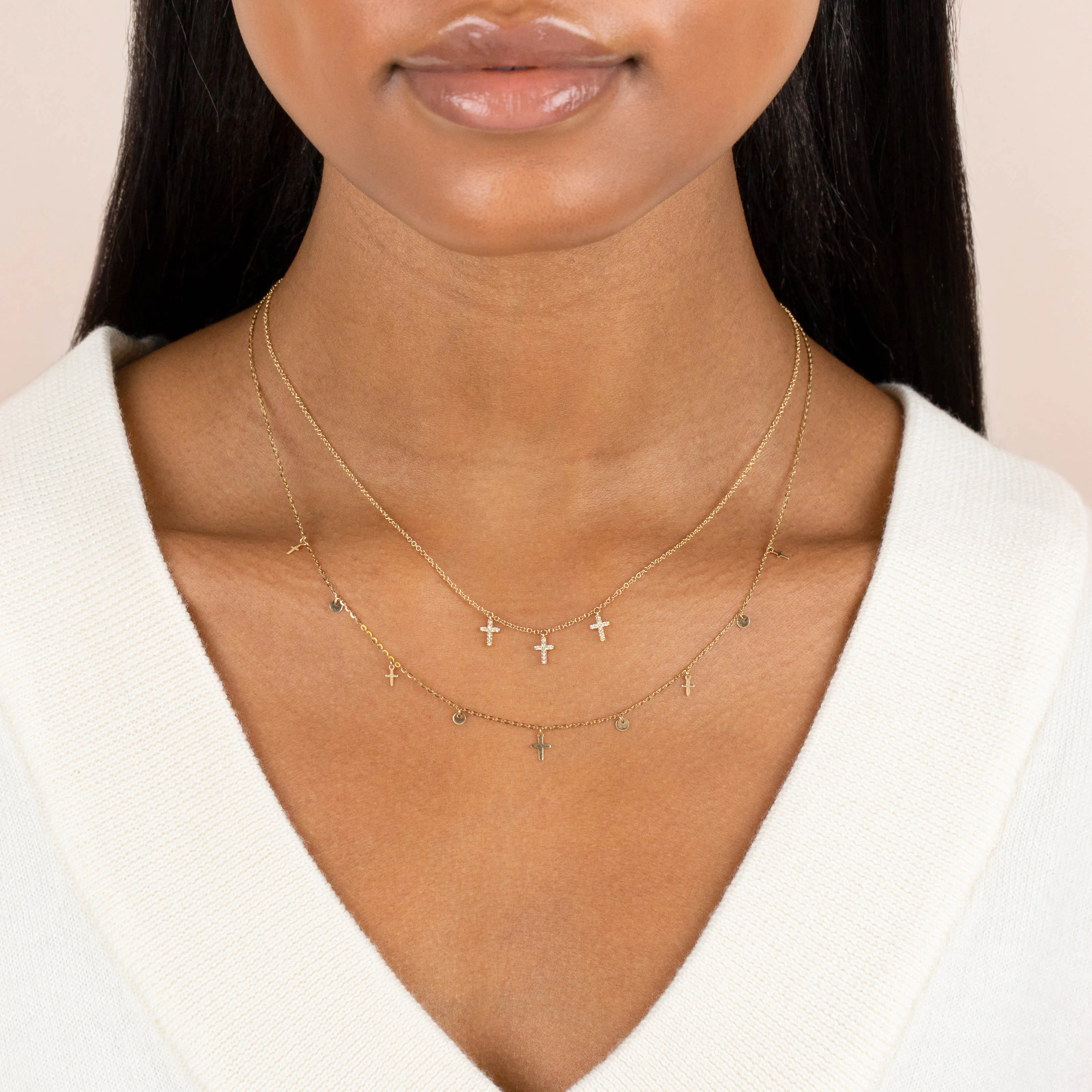 Tiny Cross X Disc Necklace 14K
