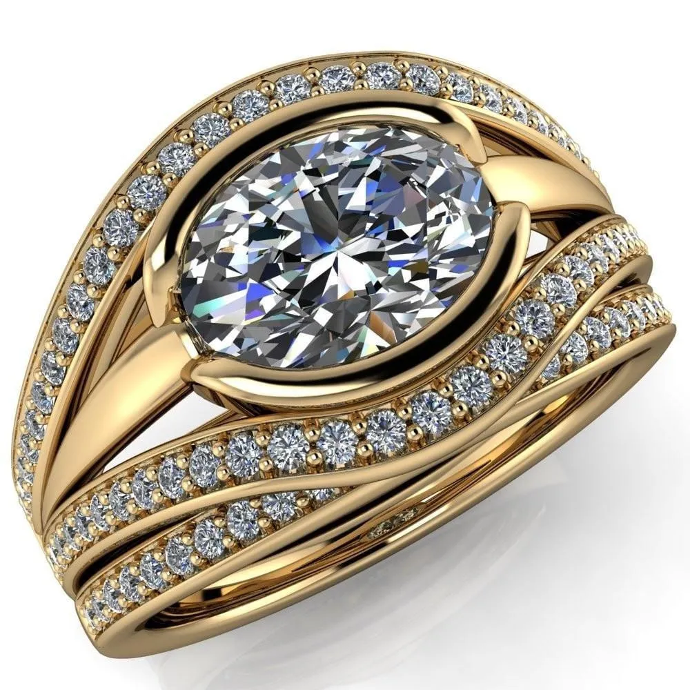 Tiramisu Oval Center Stone Split Shank Diamond Half Bezel Channel Ring