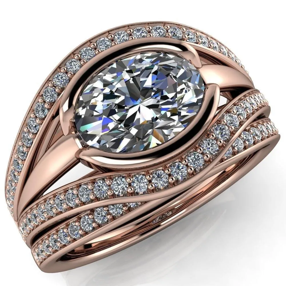Tiramisu Oval Center Stone Split Shank Diamond Half Bezel Channel Ring