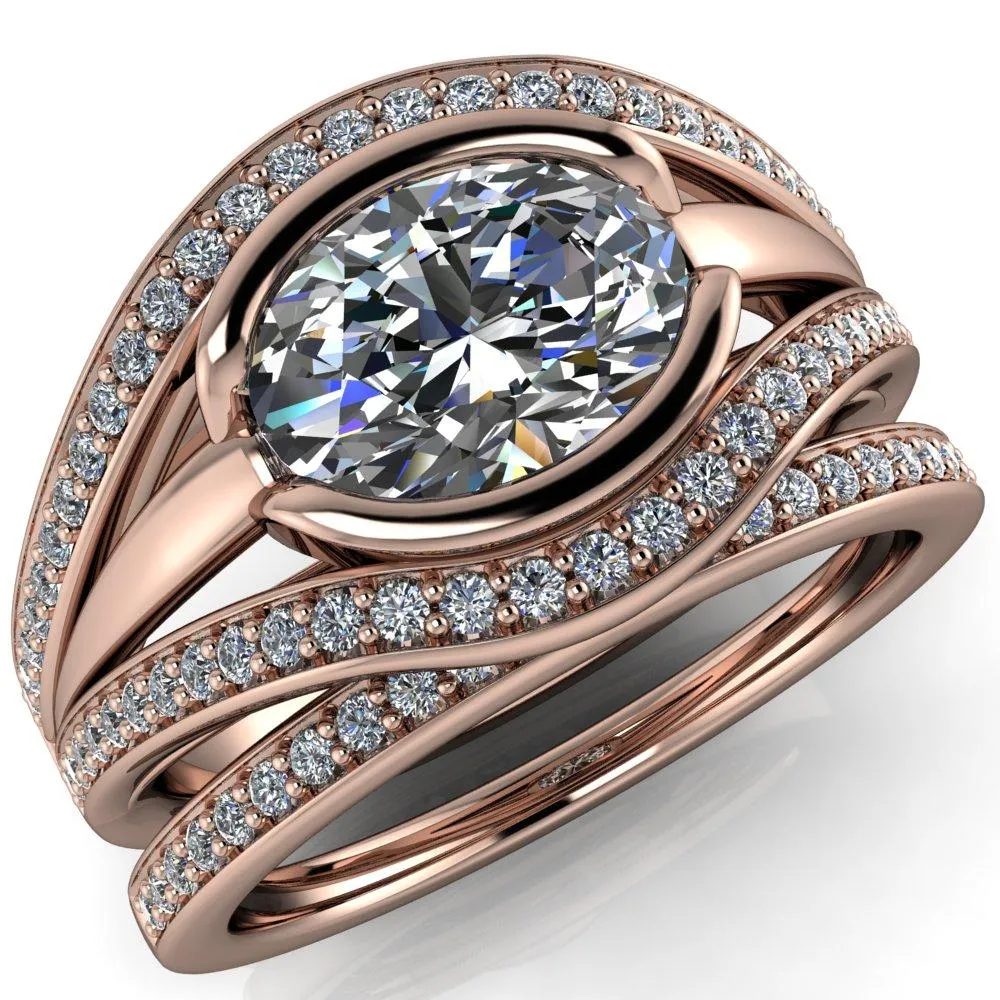 Tiramisu Oval Center Stone Split Shank Diamond Half Bezel Channel Ring