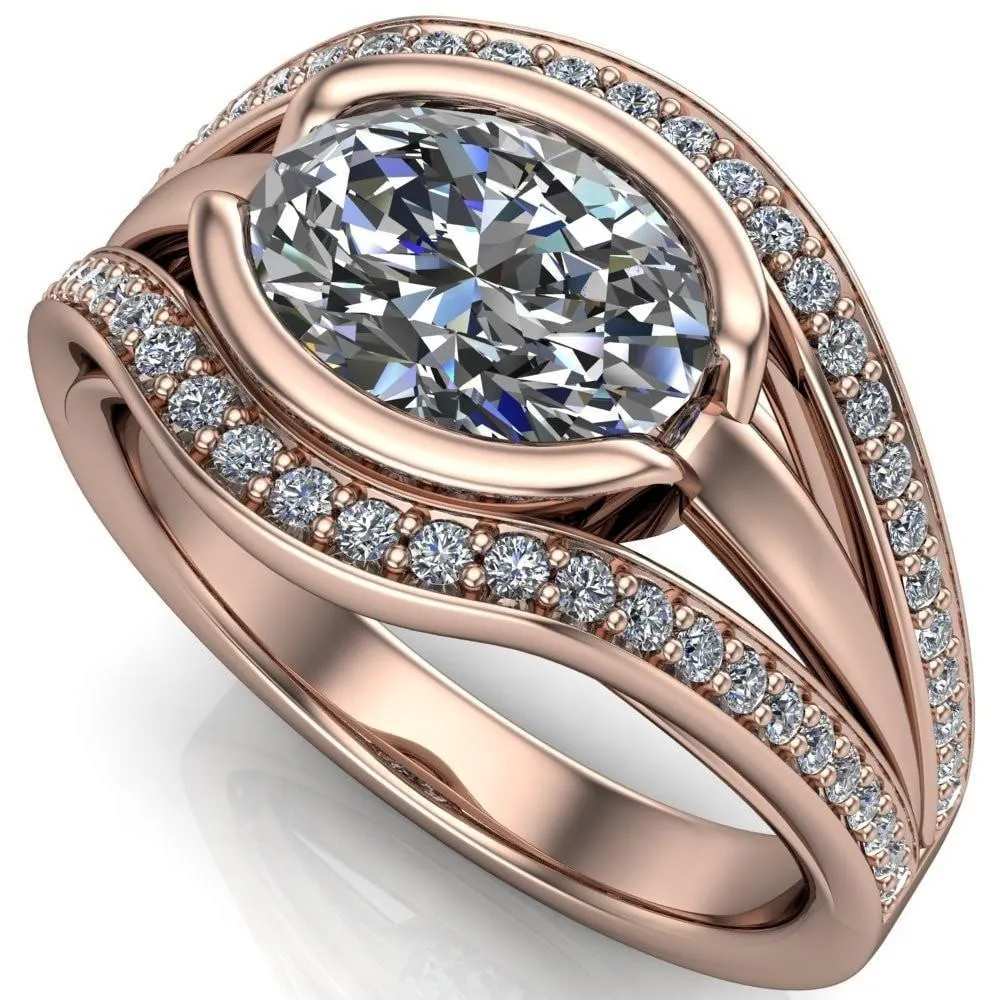 Tiramisu Oval Center Stone Split Shank Diamond Half Bezel Channel Ring