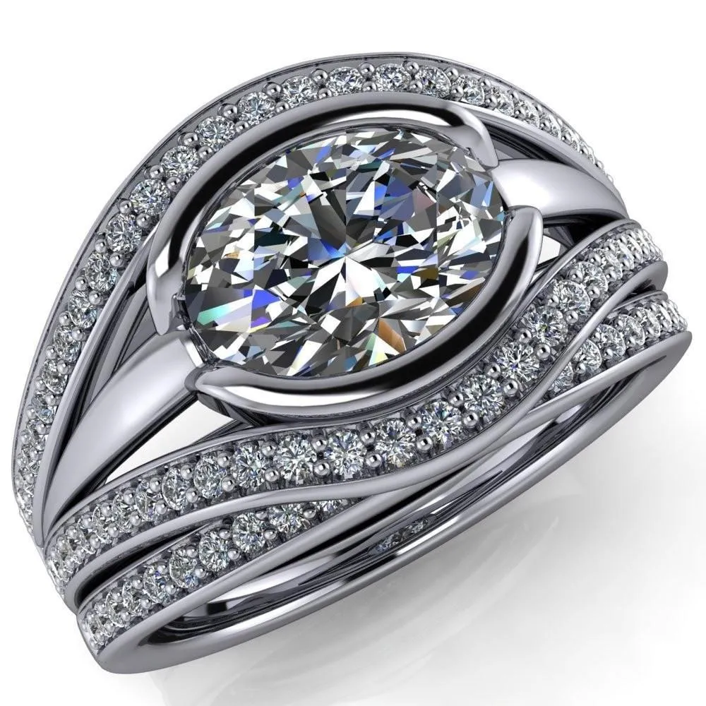 Tiramisu Oval Center Stone Split Shank Diamond Half Bezel Channel Ring