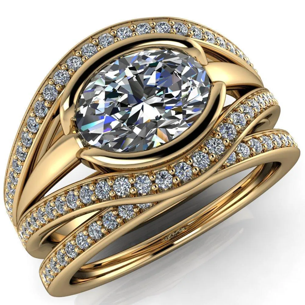 Tiramisu Oval Center Stone Split Shank Diamond Half Bezel Channel Ring