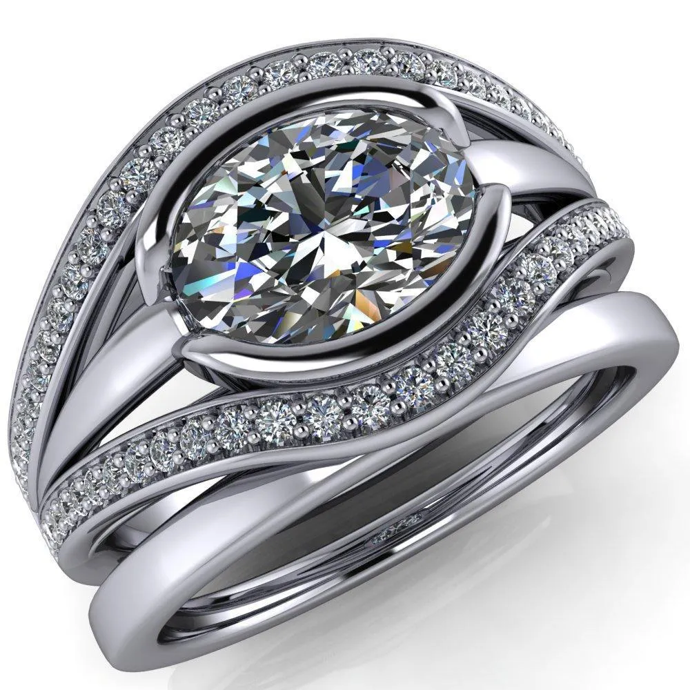 Tiramisu Oval Center Stone Split Shank Diamond Half Bezel Channel Ring
