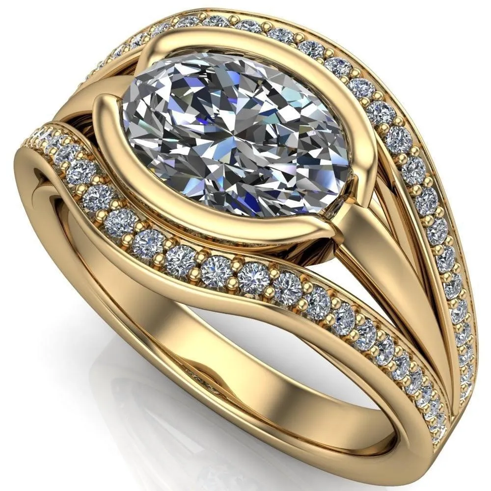 Tiramisu Oval Center Stone Split Shank Diamond Half Bezel Channel Ring