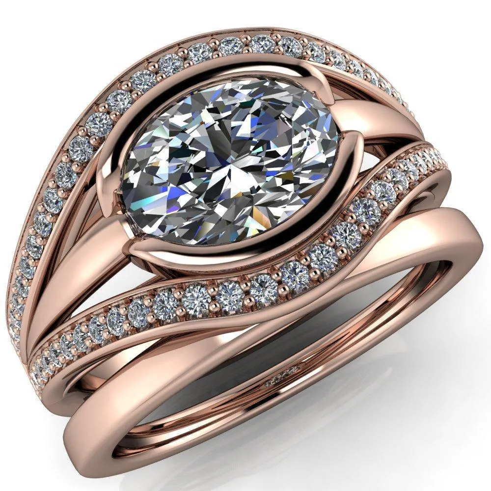 Tiramisu Oval Center Stone Split Shank Diamond Half Bezel Channel Ring