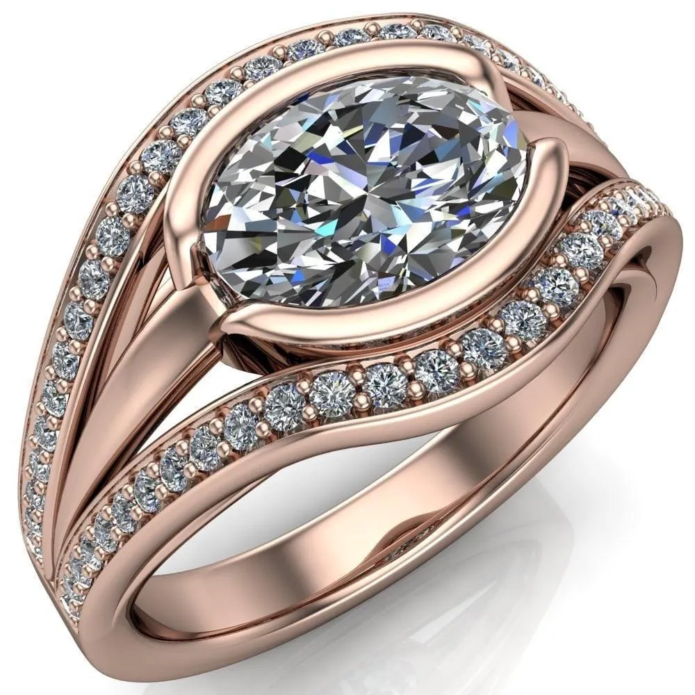 Tiramisu Oval Center Stone Split Shank Diamond Half Bezel Channel Ring