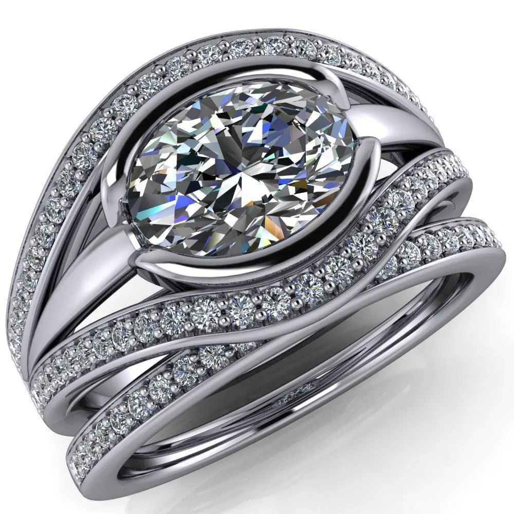 Tiramisu Oval Center Stone Split Shank Diamond Half Bezel Channel Ring
