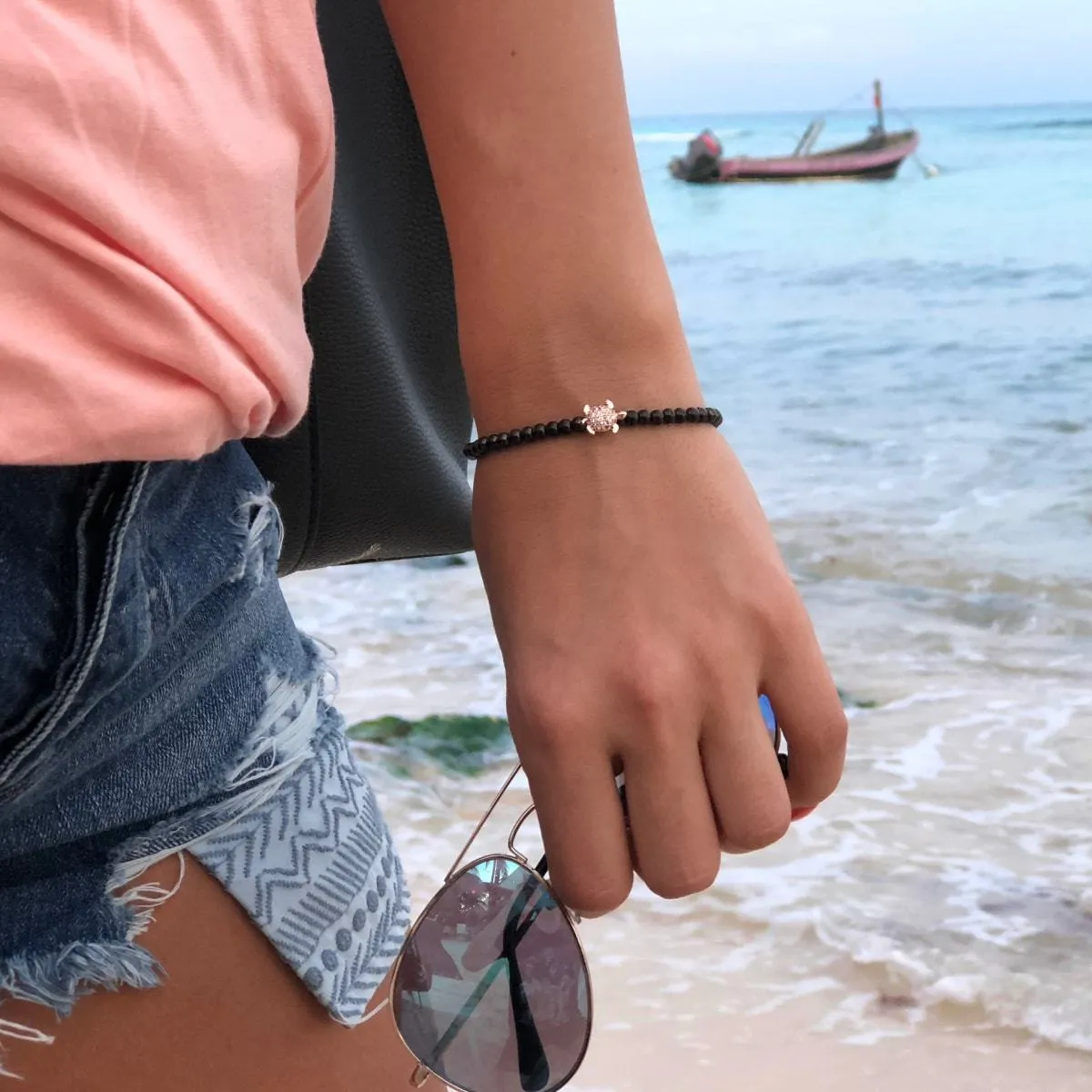 Tortuga | Gunmetal & 18k Rose Gold | Crystal Sea Turtle Bracelet