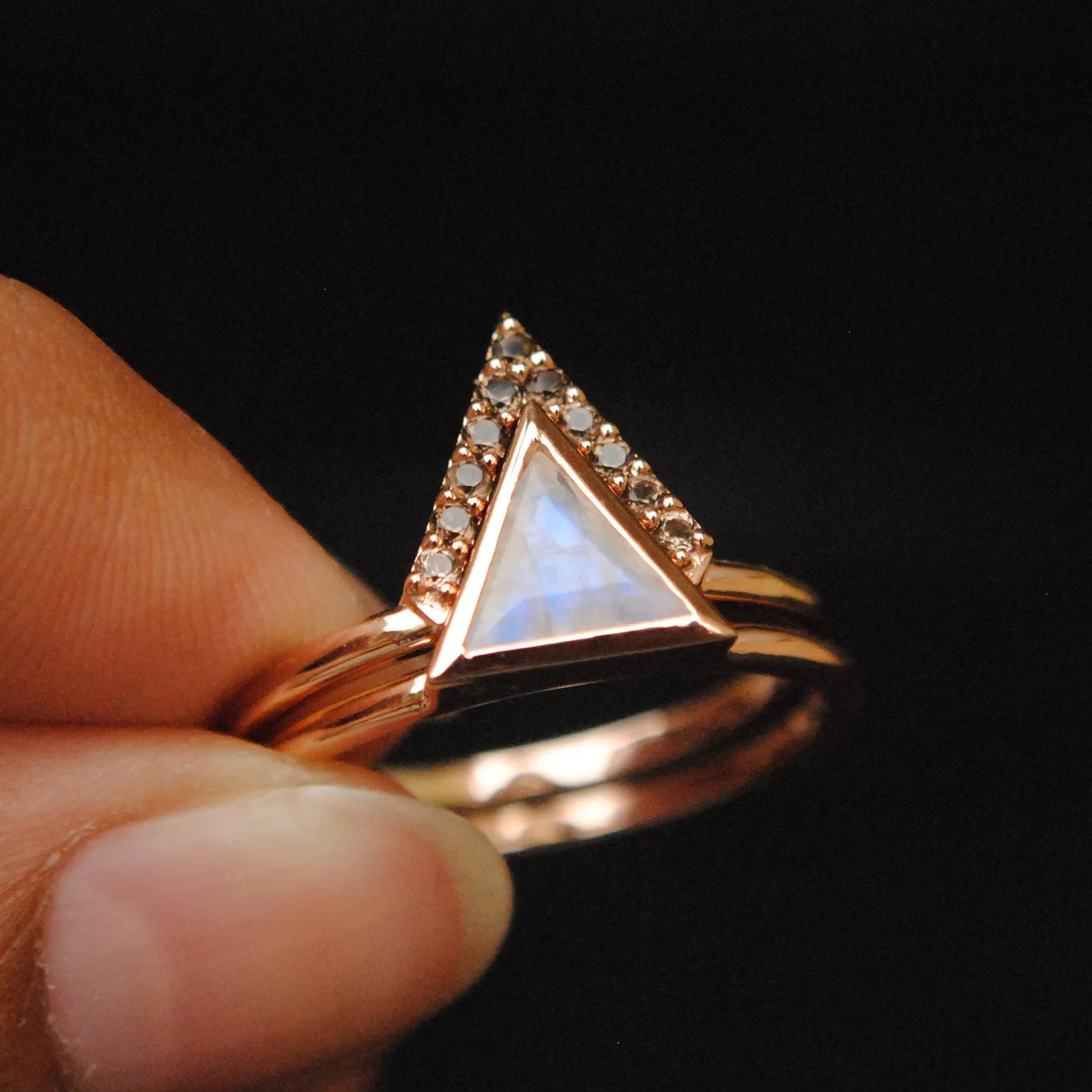 Triangle Moonstone & Smoky Quartz 2pc Wedding Ring Set