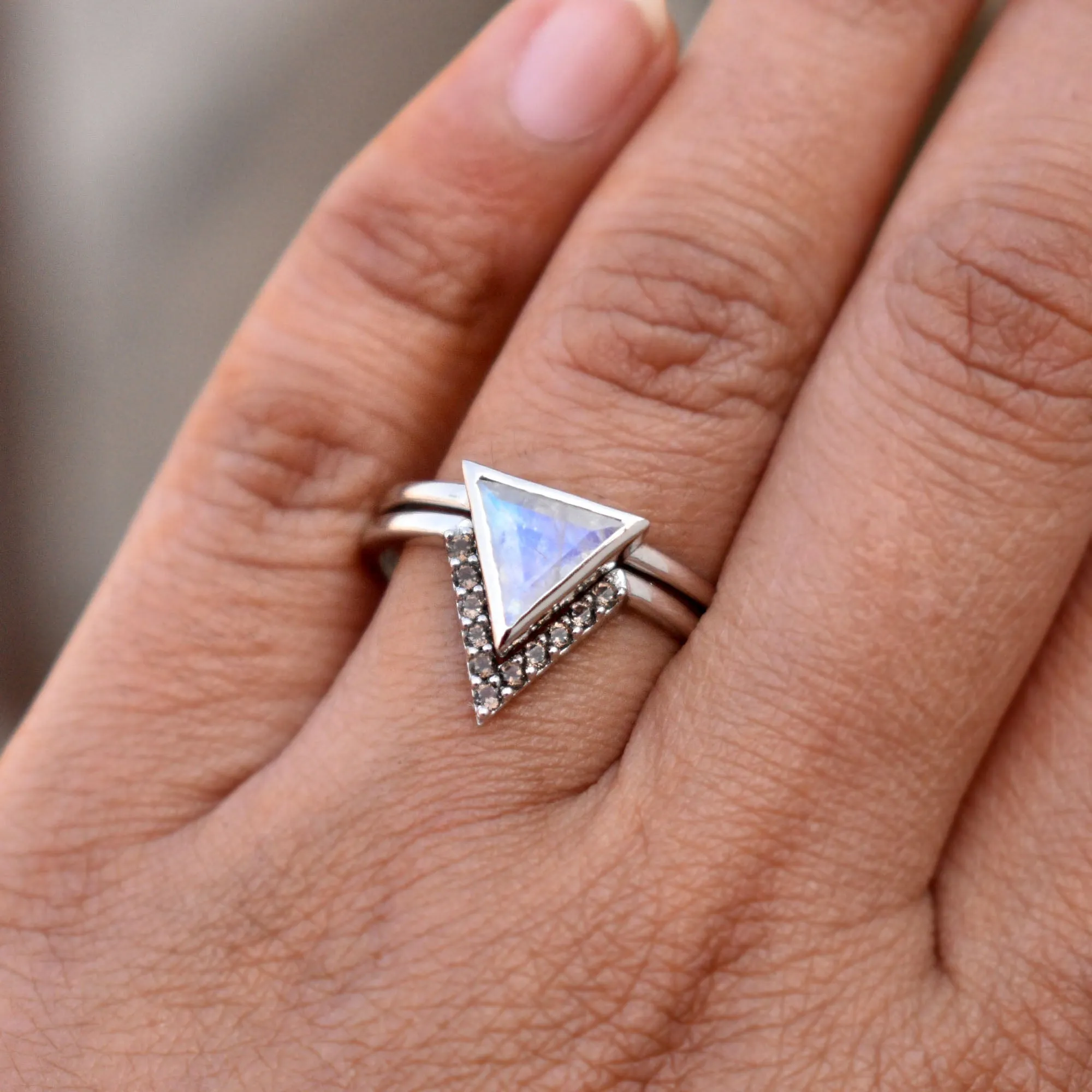 Triangle Moonstone & Smoky Quartz 2pc Wedding Ring Set