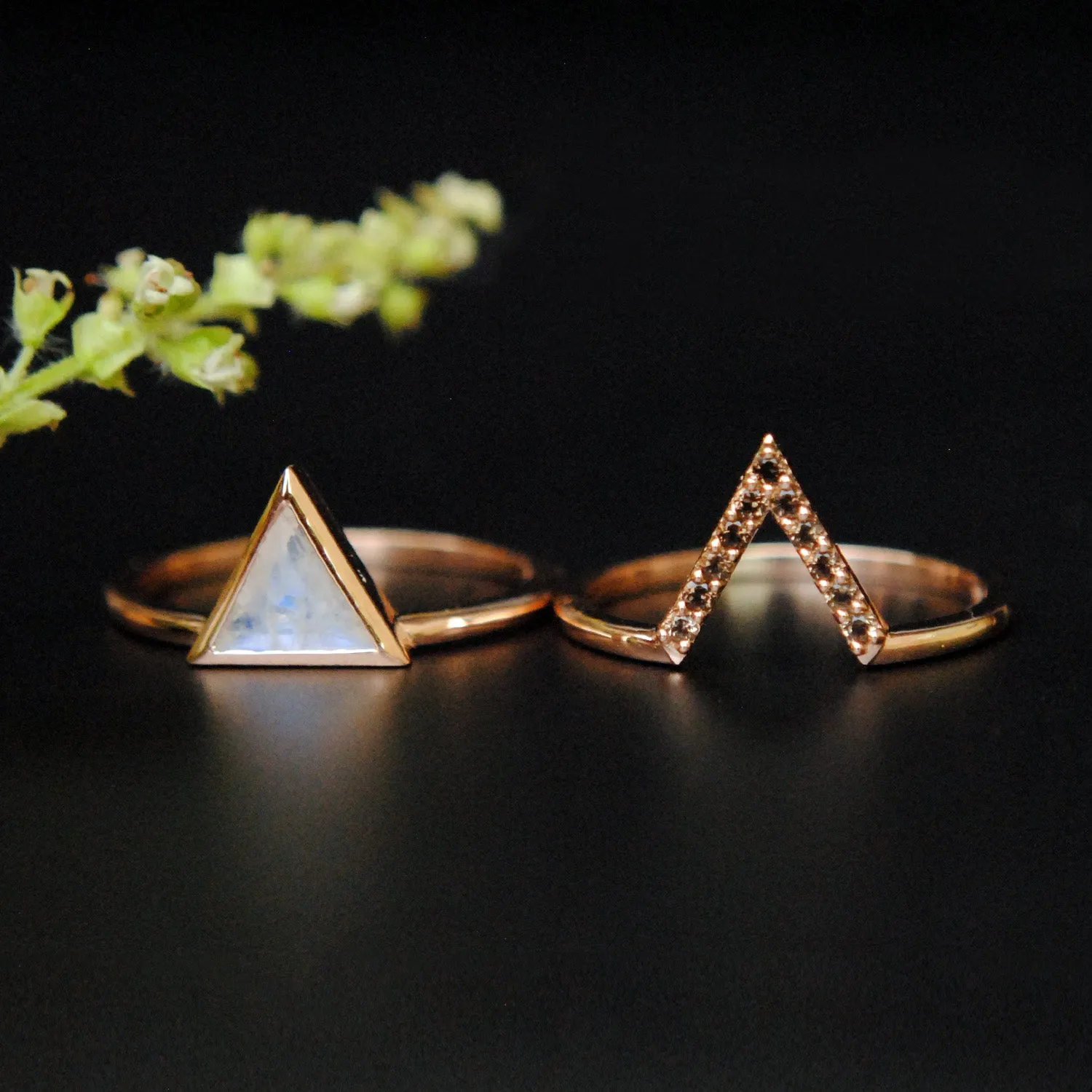 Triangle Moonstone & Smoky Quartz 2pc Wedding Ring Set