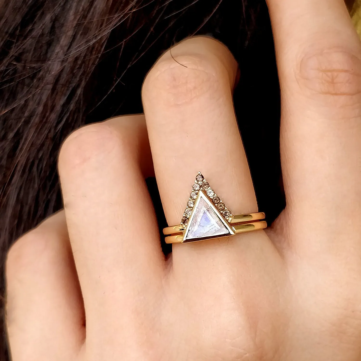 Triangle Moonstone & Smoky Quartz 2pc Wedding Ring Set