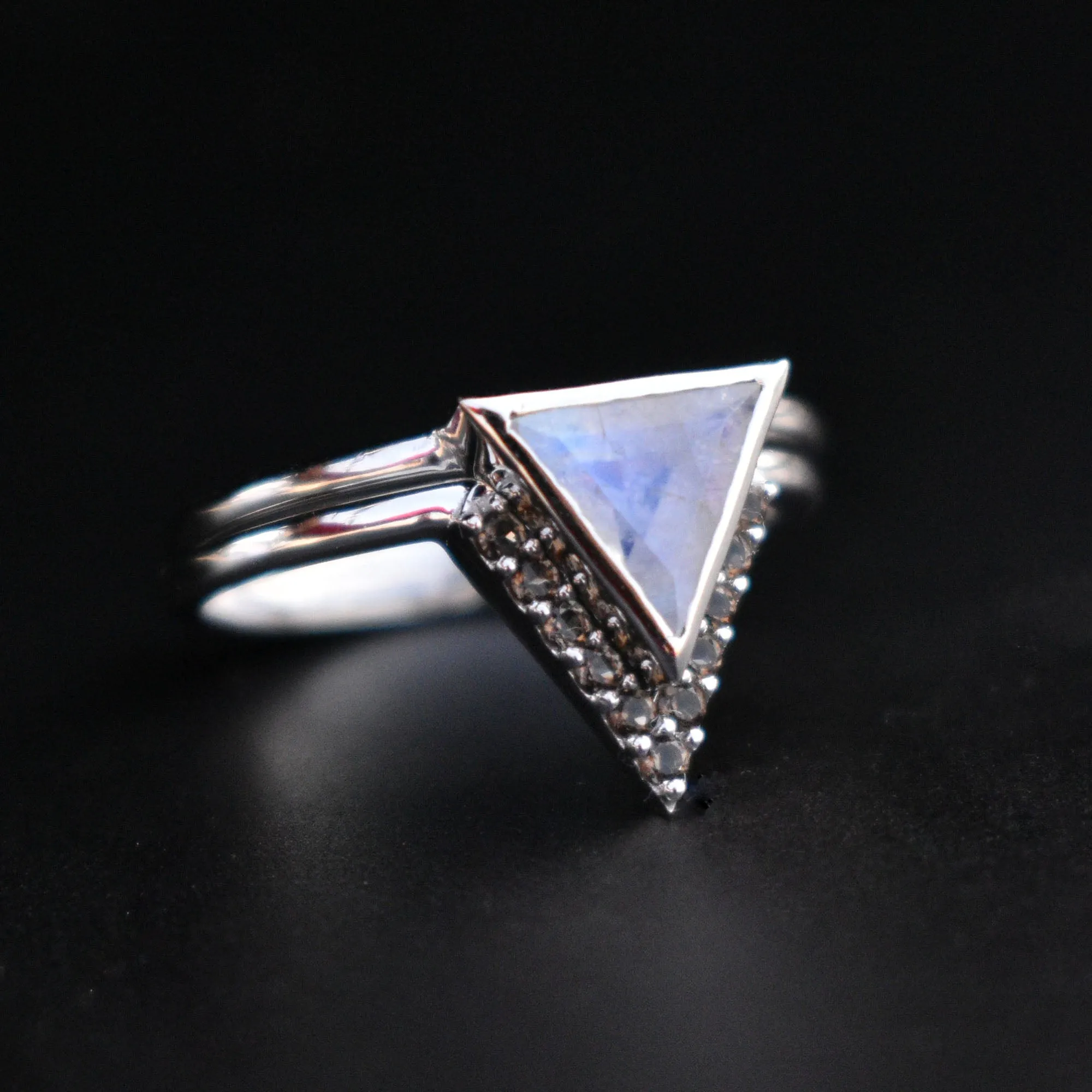 Triangle Moonstone & Smoky Quartz 2pc Wedding Ring Set