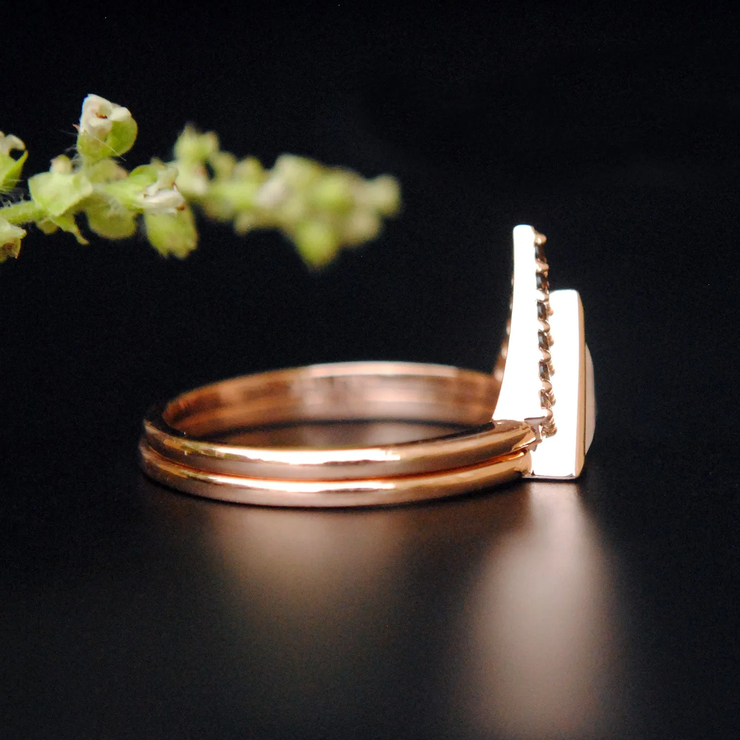 Triangle Moonstone & Smoky Quartz 2pc Wedding Ring Set
