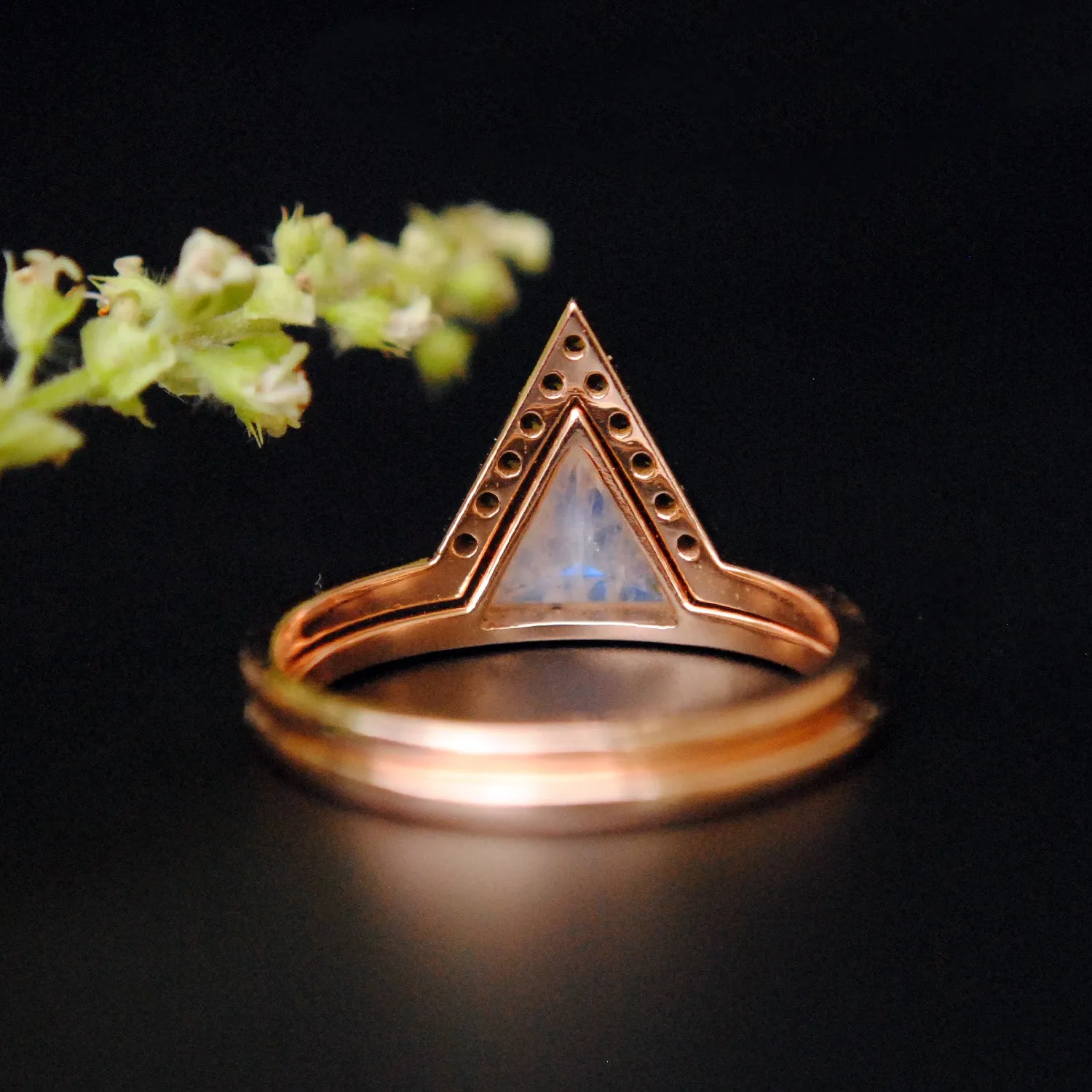 Triangle Moonstone & Smoky Quartz 2pc Wedding Ring Set