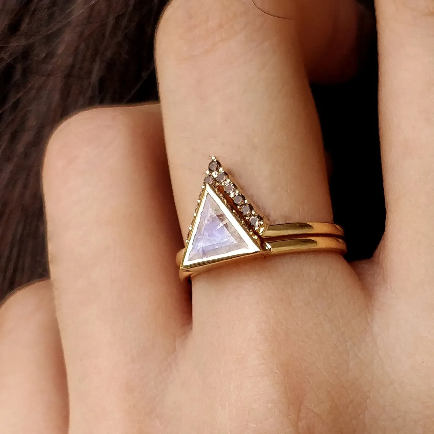 Triangle Moonstone & Smoky Quartz 2pc Wedding Ring Set