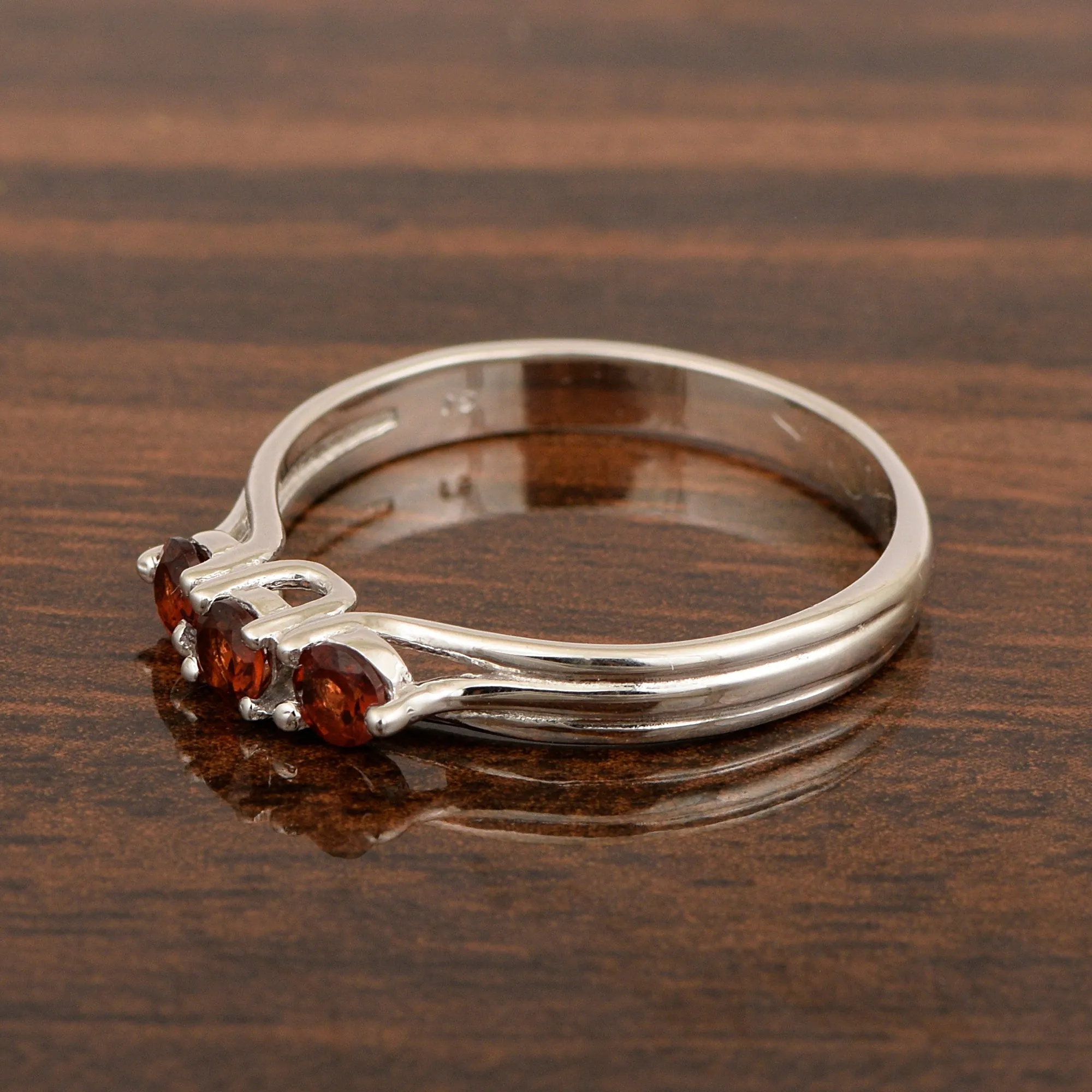 Trilogy Gemstone Round 3mm Garnet 925 Sterling Silver Platinum Plated Ring Gift for her