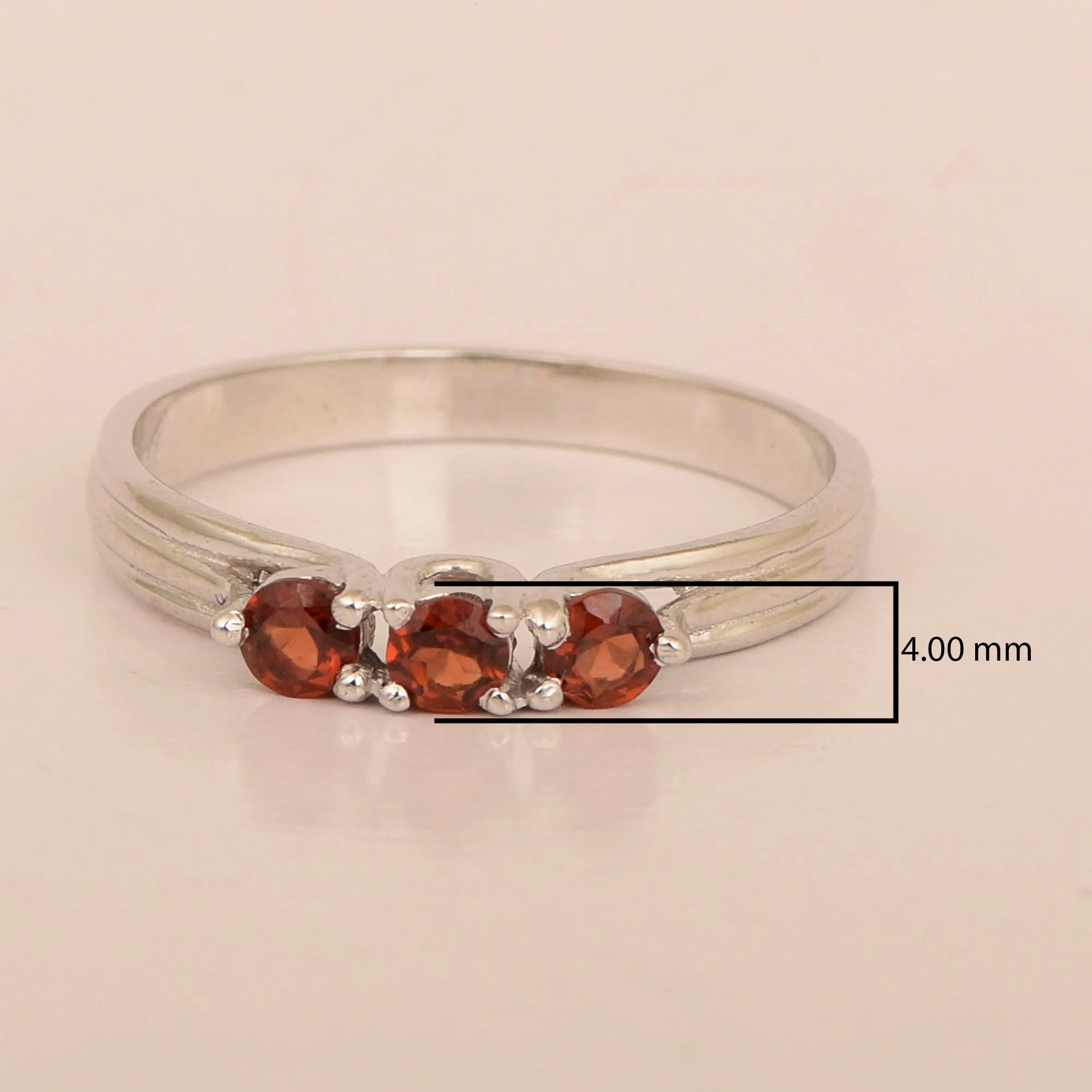 Trilogy Gemstone Round 3mm Garnet 925 Sterling Silver Platinum Plated Ring Gift for her