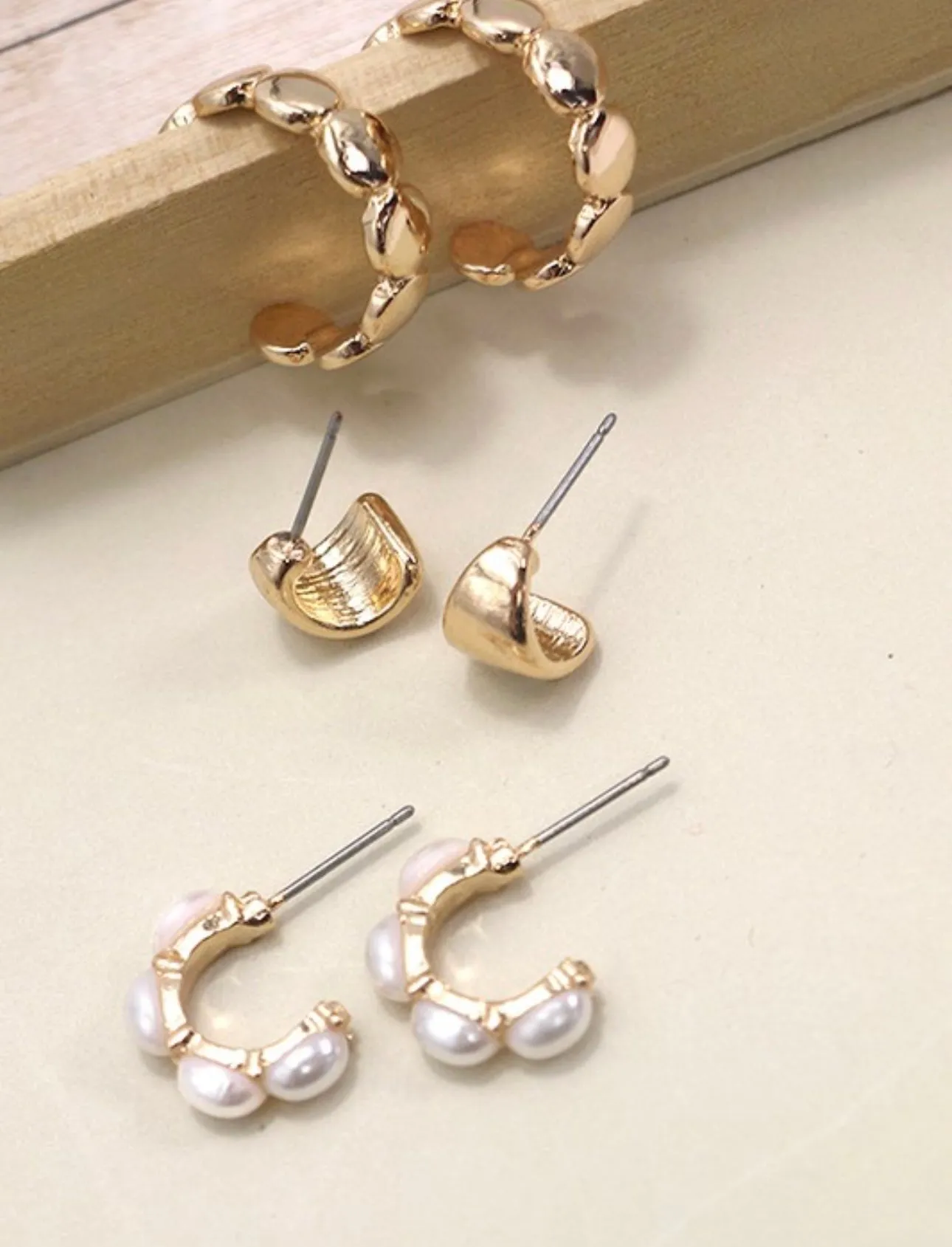 Trio of Hoops- Pearl Huggie Hoops