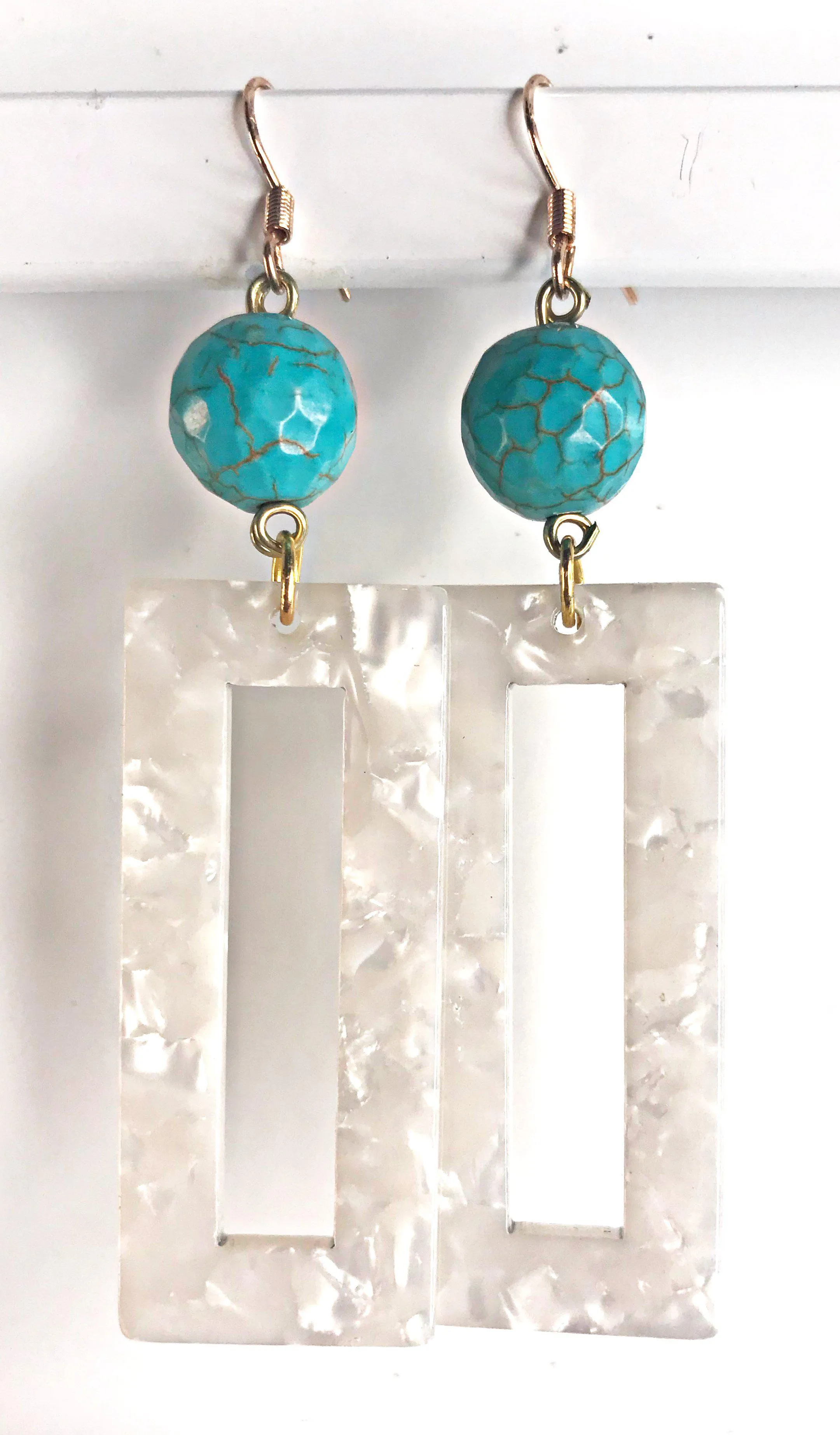 Turquoise Earrings With White Acetate Rectangles