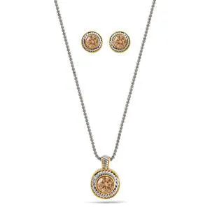 TWO TONE CRYSTAL ROUND PENDANT NECKLACE AND EARRINGS SET #JJSET-1958 (AE22)