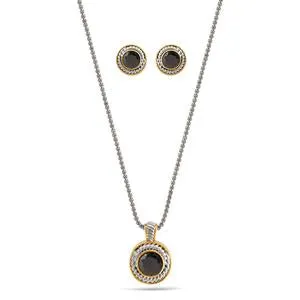 TWO TONE CRYSTAL ROUND PENDANT NECKLACE AND EARRINGS SET #JJSET-1958 (AE22)