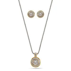 TWO TONE CRYSTAL ROUND PENDANT NECKLACE AND EARRINGS SET #JJSET-1958 (AE22)