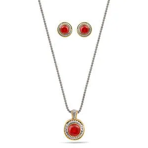 TWO TONE CRYSTAL ROUND PENDANT NECKLACE AND EARRINGS SET #JJSET-1958 (AE22)