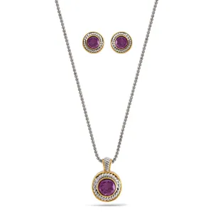 TWO TONE CRYSTAL ROUND PENDANT NECKLACE AND EARRINGS SET #JJSET-1958 (AE22)